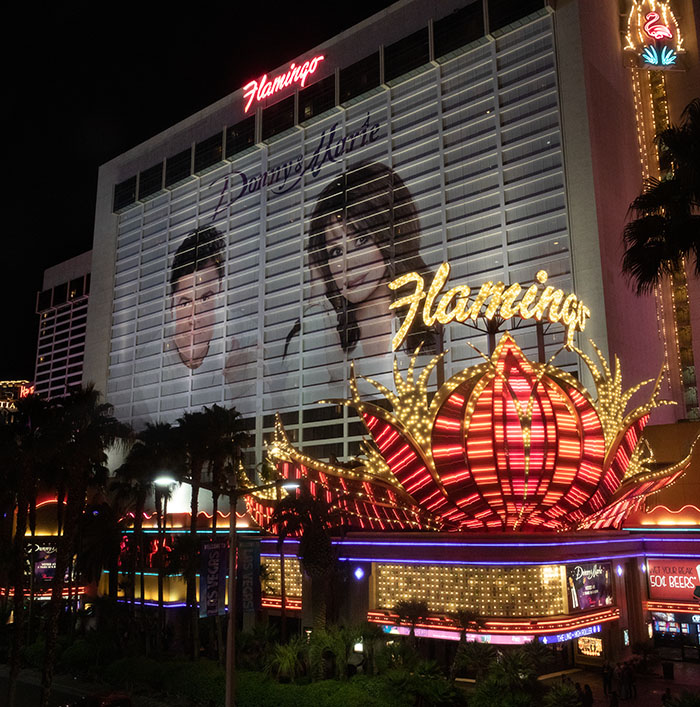 Night Time Photograph of the Flamingo Hotel on the Las Vegas Strip.
